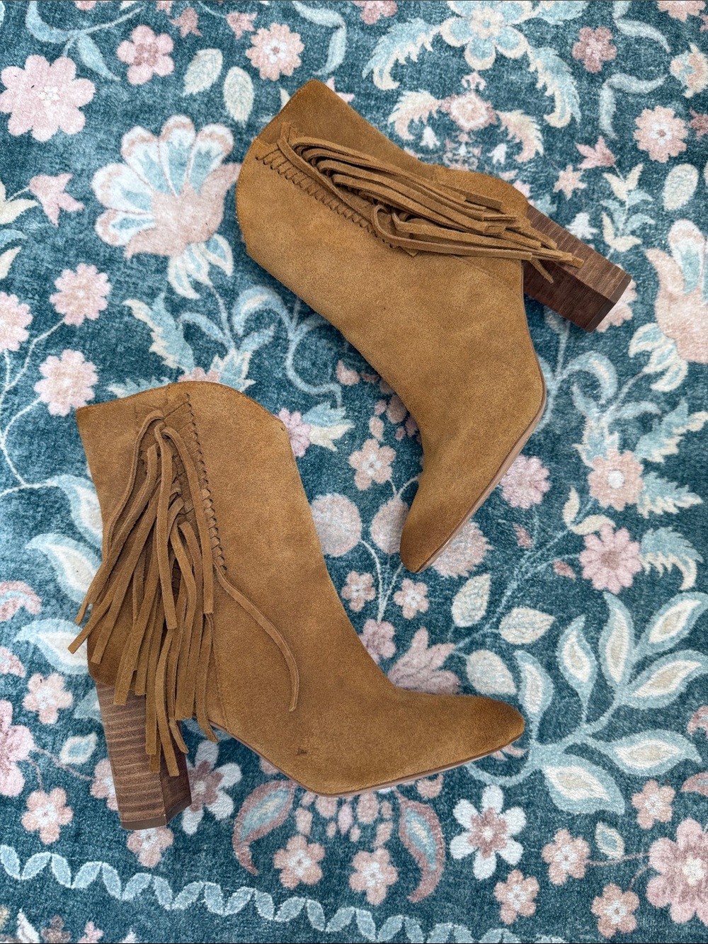 Fringe Suede Ankle Booties in Tan 7.5